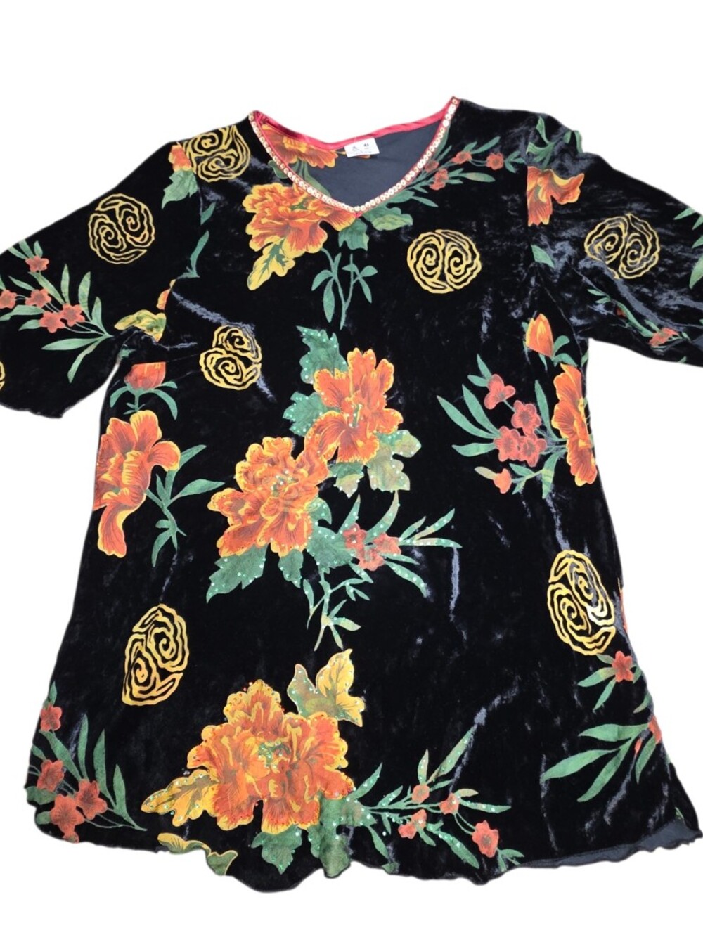 Zhen Cai Silk Velvet Burnout Floral Tunic Top Sz L Beaded Boho Artsy 3/4 Sleeves - Picture 5 of 10